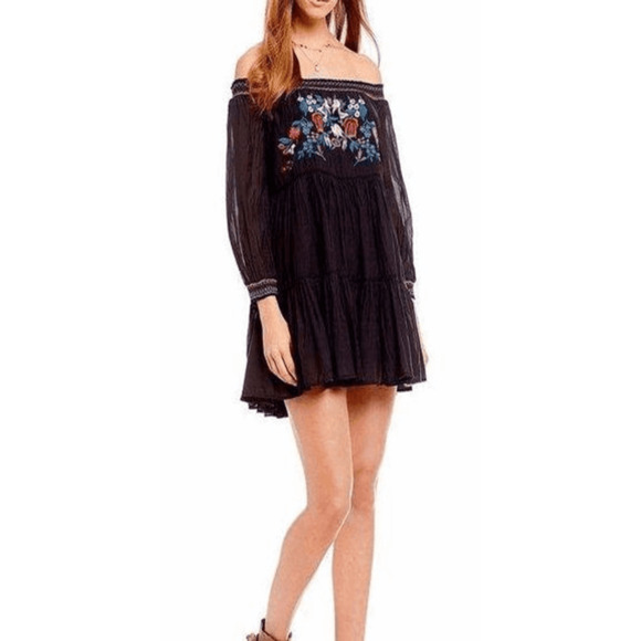 Free People Sun Beams Bardot Embroidered Dress black floral womens size small S - Picture 9 of 9